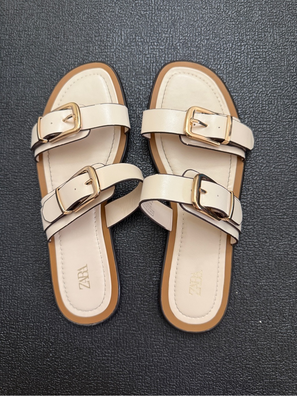 Zara Women Cream Double-Buckle Slide Sandals with Gold Buckles, size 37